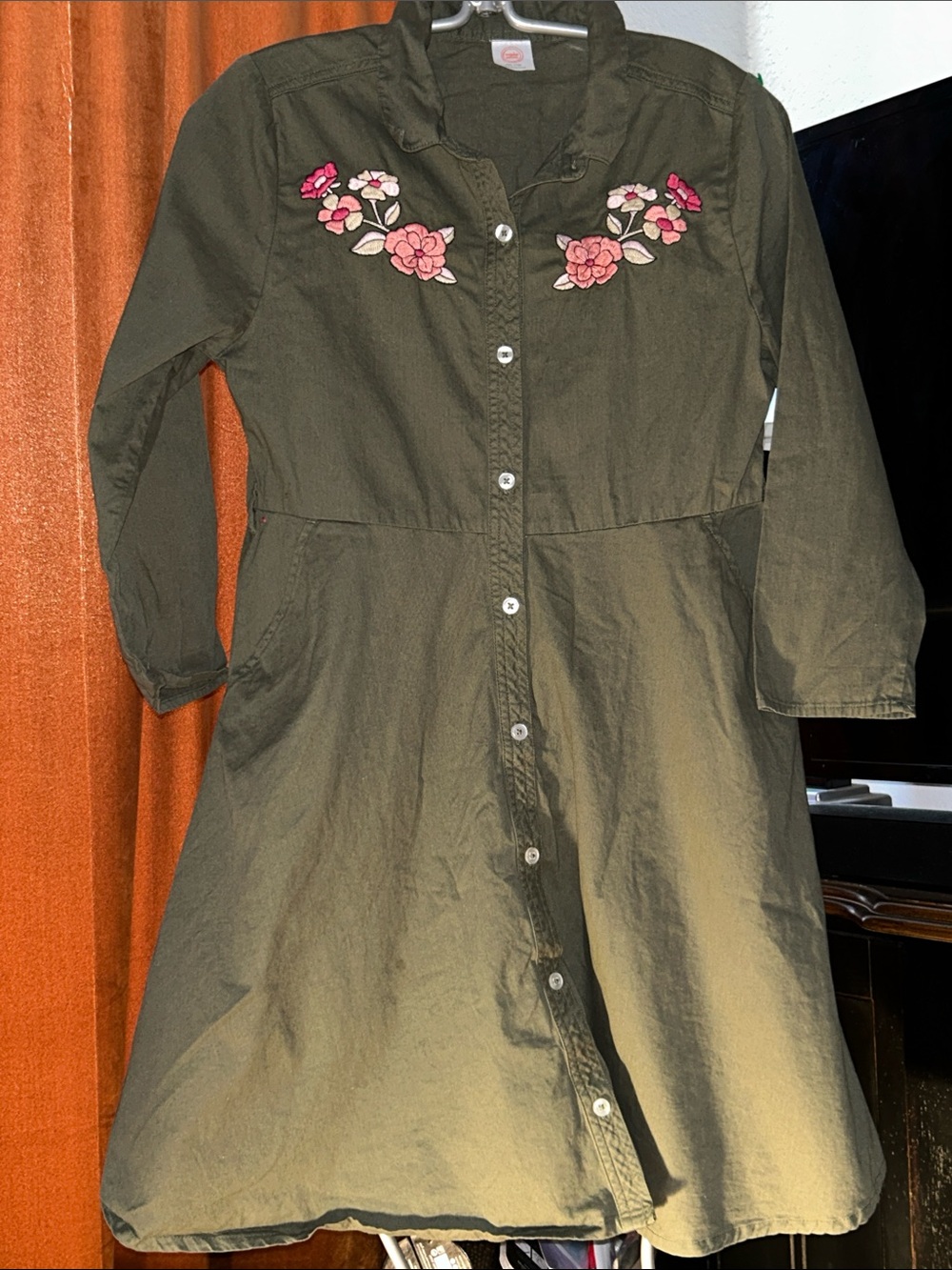 wonder nation Olive Green Button-Front Dress with Pink Floral Embroidery
